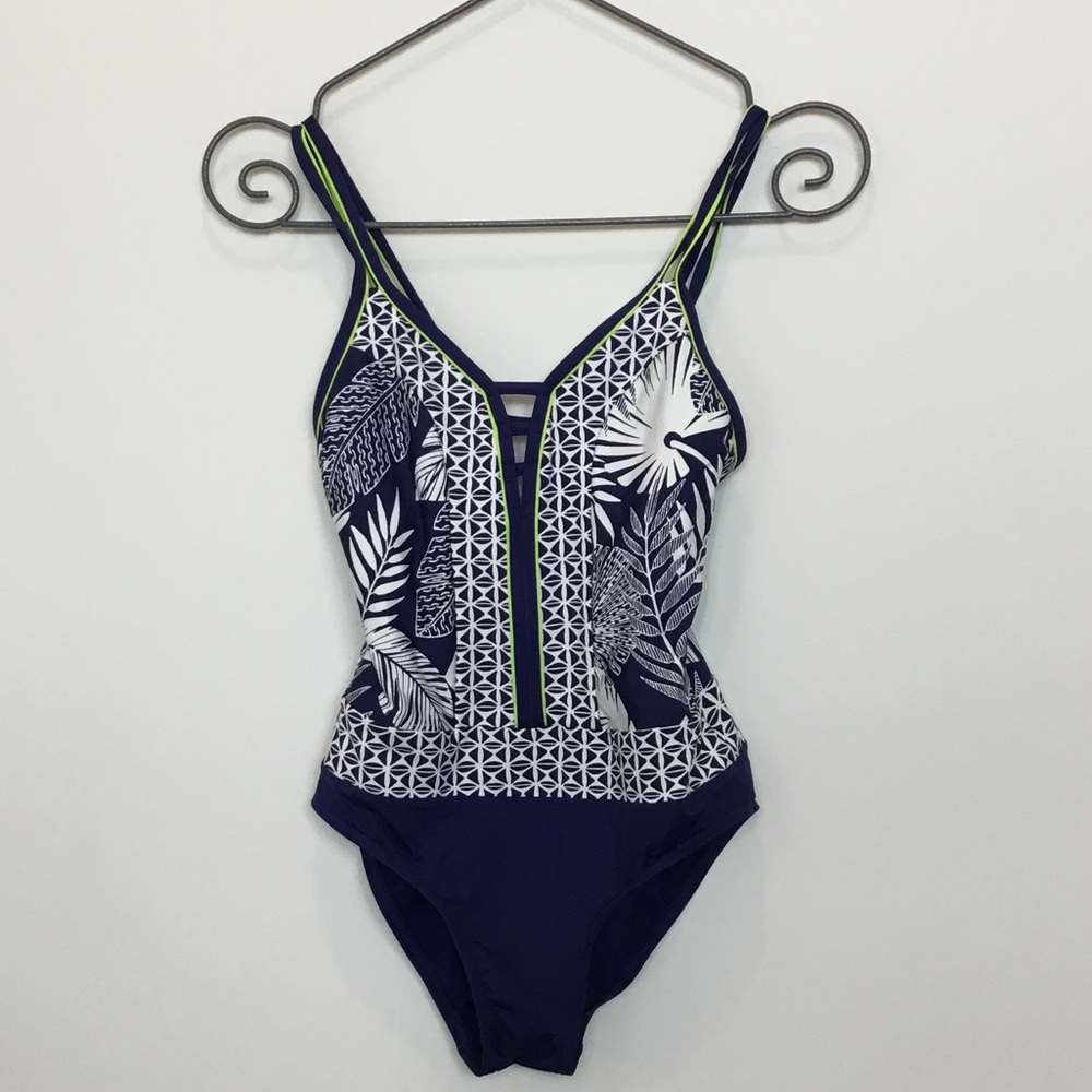 Jag Navy Floral One-Piece Swimsuit with Lime Trim size small
